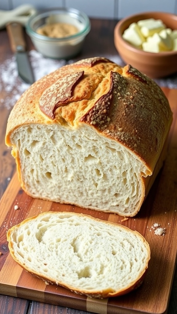 High Altitude Sourdough Bread Recipe A golden-brown sourdough bread loaf on a cutting board with a slice revealing its airy crumb.